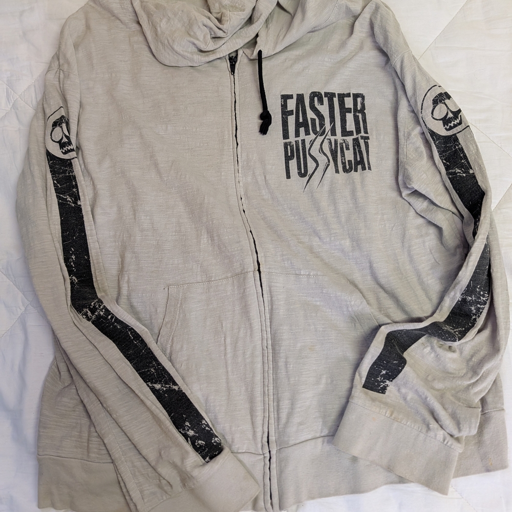 Gray Zip-Up Hoodie with Black Graphics